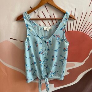Pink Rose Blue Floral Print Button Front Tie Front Tank Top Blouse Women's L